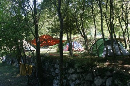 A typical woodland terrace pitch. Tents of various sizes are available for hire or bring your own and choose your spot.